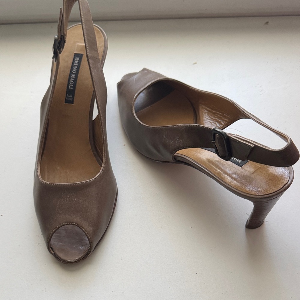Bruno Magli Taupe Leather Peep-Toe Heels